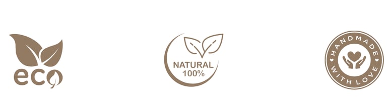 Set of three earth-tone icons for eco-friendly, 100% natural, and handmade with love products.