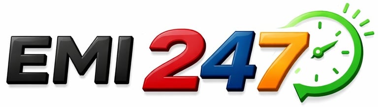 EMI 247 logo with colorful numbers and a green clock icon signifying 24/7 service.