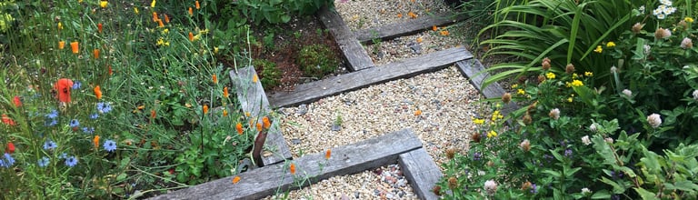 wood and gravel steps winding through colourful planting