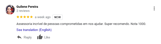 Avaliação 5 estrelas de cliente – “Assessoria incrível de pessoas comprometidas em nos ajudar. Super