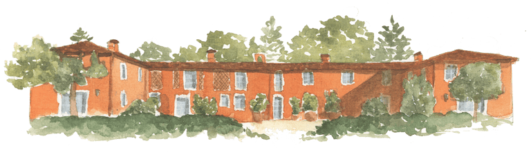 a drawing of a large orange building surrounded by plants and trees