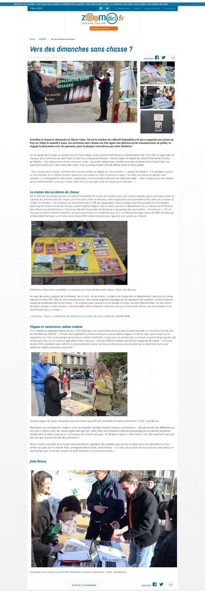article zoomdici dimanche sans chasse le puy en velay azelma sigaux animalistes 43