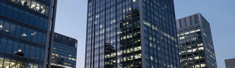 Wide-angle cool-toned shot of modern architectural financial district at twilight, sharp office lighting reflecting on glass facades, 35mm