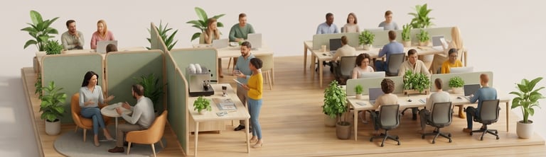A 3D isometric illustration of a modern open-plan office with coworking spaces, ergonomic desks, and green plants.