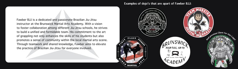 Logos of Brazilian Jiu-Jitsu and martial arts dojos affiliated with Fawber BJJ and Brunswick Martial Arts Academy.