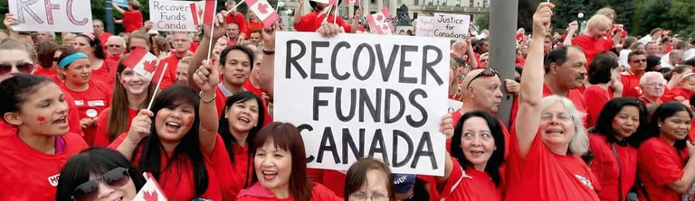 A group of people protesting and holding writings "Recover Funds Canada" "Crypto Recovery Canada"