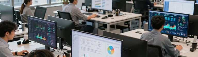 A sleek, minimalistic workspace with a laptop displaying data charts and a notebook beside it.