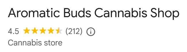 Aromatic Buds Cannabis Shop Google rating showing 4.5 stars and 212 customer reviews.