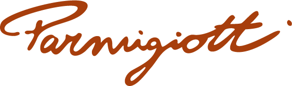 Brown cursive Parmigiotti brand logo signature isolated on a solid black background.