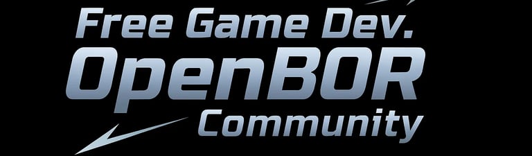 Metallic logo with "Free Game Dev. OpenBoR Community" text on black background, silver-blue arrows suggesting motion.