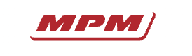 a red and white mpm logo with the words mpm