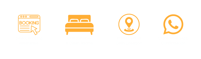 Icons for hotel booking assistance, clean rooms, Central Delhi location, and WhatsApp confirmation.