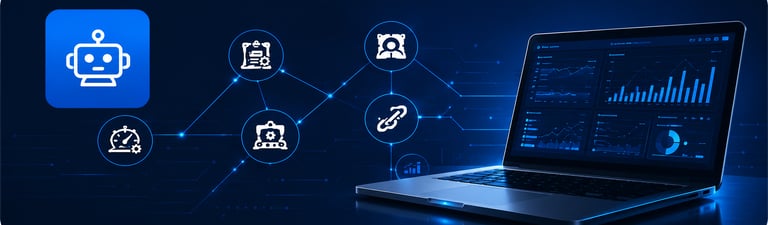 Laptop displaying data analytics dashboard with blue robotic automation and network icons.