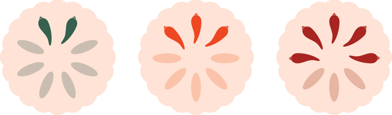 Three spice meters, which show a number of seeds, or chilli peppers, based on the heat level.