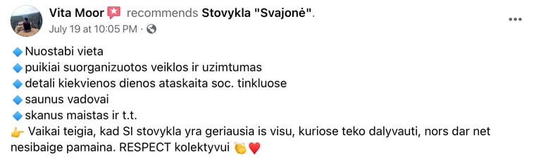 Tėvų atsiliepimai apie vasaros stovyklą Svajonė