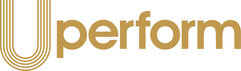 Uperform logo in gold typography on a black background for digital learning and training software.