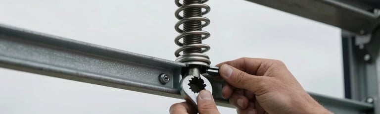 Close-up of a garage door torsion spring mounted above a metal track, overcast natural light, hands adjusting tension hardware with a wrench, documentary style, no staging