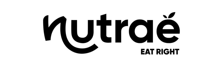 Nutraē brand logo in black text with leaf icon and Eat Right slogan for healthy nutrition.