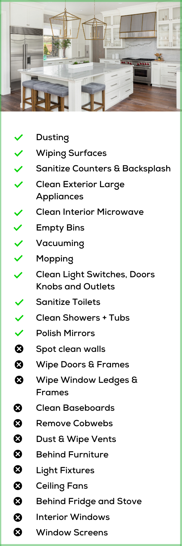 Basic deep cleaning package with dusting, wiping, vacuuming and mopping