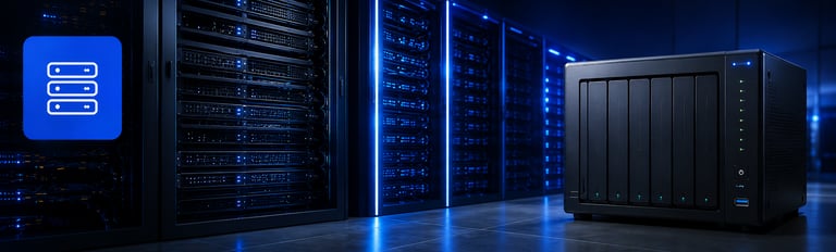 Modern NAS storage device in a high-tech data center with glowing server racks.