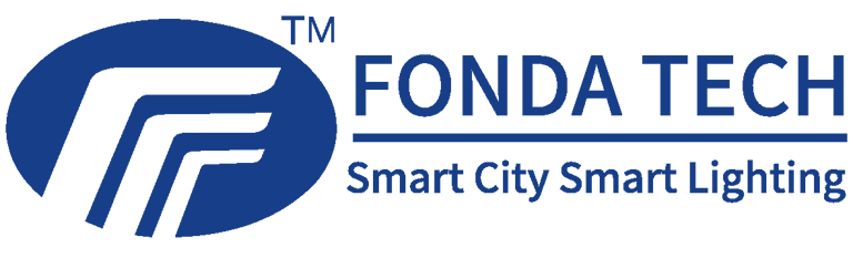 Fonda Tech logo featuring an blue oval icon with the slogan Smart City Smart Lighting.