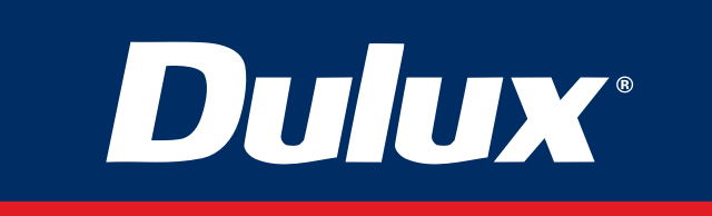 Dulux paint brand logo with white italicized text on a dark blue background with a red stripe.