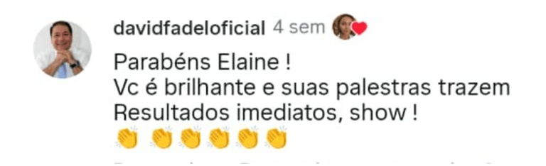 David Fadel destaca a clareza e o foco nas palestras de Elaine Rodrigues.