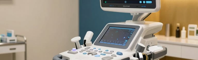 A modern, advanced diagnostic ultrasound machine in a pristine treatment room at Mater Dei Specialist Hospital in Enugu. Sleek clinic interior with polished finishes, hints of deep blue and gold on the walls, warm soft lighting.