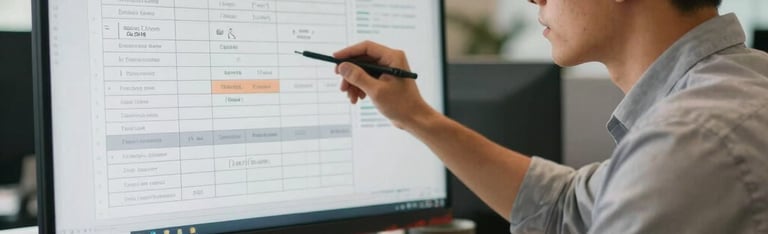 An expert instructional designer working in a sleek North American / US office environment, reviewing storyboards on a large screen monitor. Warm daylight illumination, professional and highly focused atmosphere.