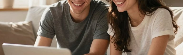 Bright, uplifting photograph of a young Chilean couple sitting on a living room sofa, sharing a lighthearted moment during an online session with their therapist. Warm sunshine, happy and motivating mood.