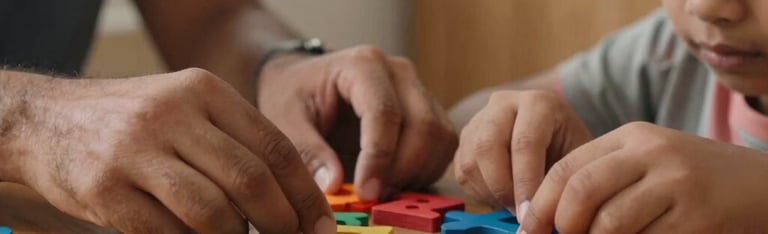 A close-up shot of hands guiding a South Asian / Indian child using colorful wooden phonics letters on a warm wooden table, soft light, cozy coaching studio in Mumbai.