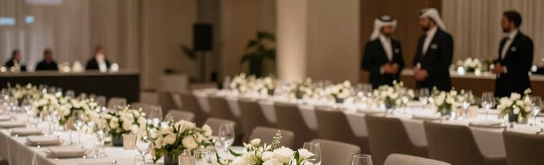 A sharp and professional corporate gala dinner setup in a luxury venue in the Middle Eastern / Gulf, elegant long tables with modern minimalist decor, warm ambient lighting, high ceiling with elegant architectural design, professional luxury aesthetic.