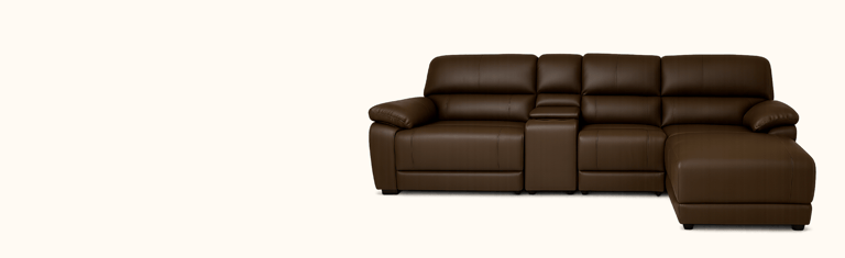Dark brown leather sectional recliner sofa with chaise lounge and console storage on a white background.
