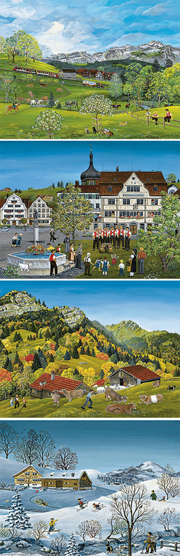 a series of four pictures of a landscape with a lake and a mountain in the