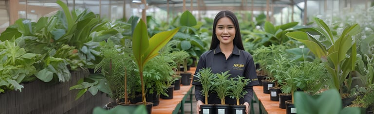 Woman carrying houseplant inside ARUM Nursery Indonesia greenhouse