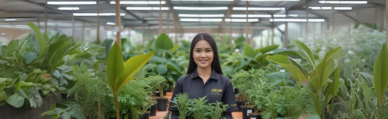Woman carrying houseplant inside ARUM Nursery Indonesia greenhouse