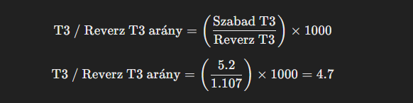 T3 to Reverse T3 ratio formula with example calculation: (5.2 / 1.107) × 1000 = 4.7