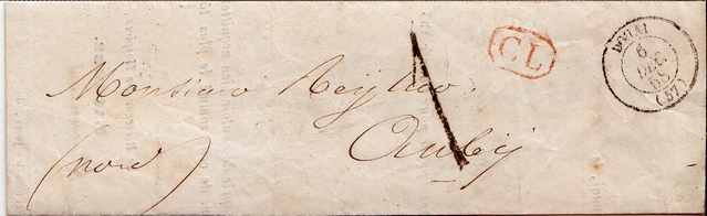 1858 : Lettre de DOUAI à AUBY. Lettre de moins de 7,5 g taxée à 1 décime.