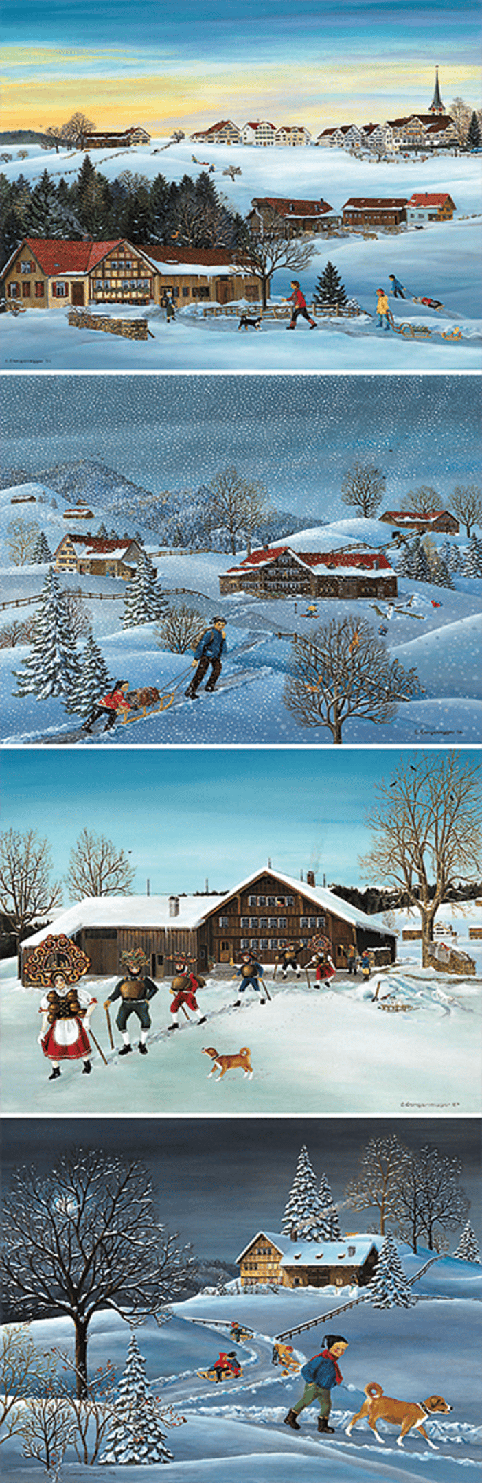 a series of four pictures of a winter scene