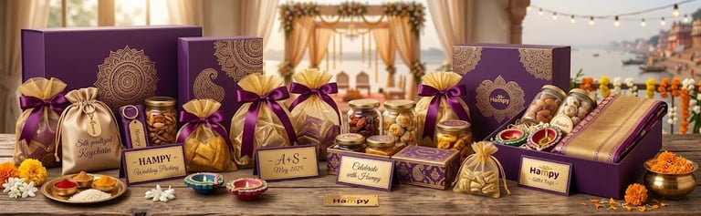Elegant purple and gold Indian wedding gift hampers featuring assorted snacks, diyas, and silk fabrics for guest favors.