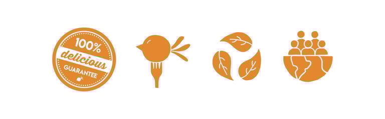 100% delicious guarantee seal and brand icons