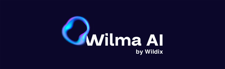 Wilma AI by Wildix logo with a glowing blue abstract ring on a dark background.