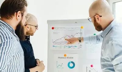 Business professionals reviewing data for market adaptation and localization strategy