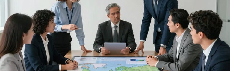 Business professionals collaborating on strategy and execution for market growth
