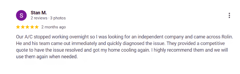 Five-star Google review for Rolin highlighting fast AC repair service and competitive pricing.