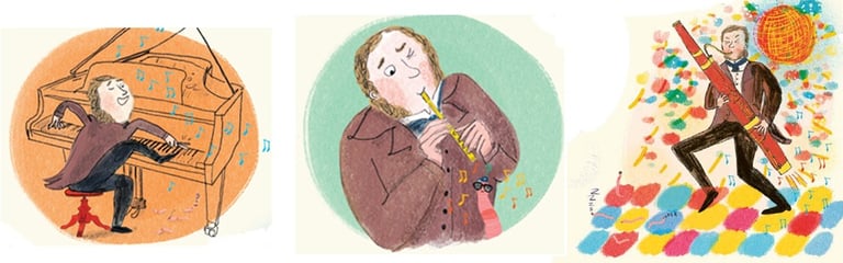 Illustration from Darwin's Super-Pooping Worm Spectacular: Darwin playing music to earthworms.