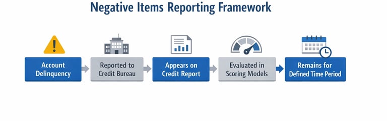 negative items credit report framework showing delinquency reporting and scoring model process