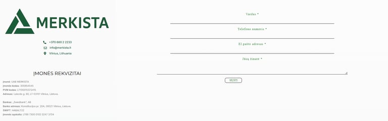 Merkista company contact page with online inquiry form and business registration details in Vilnius, Lithuania.