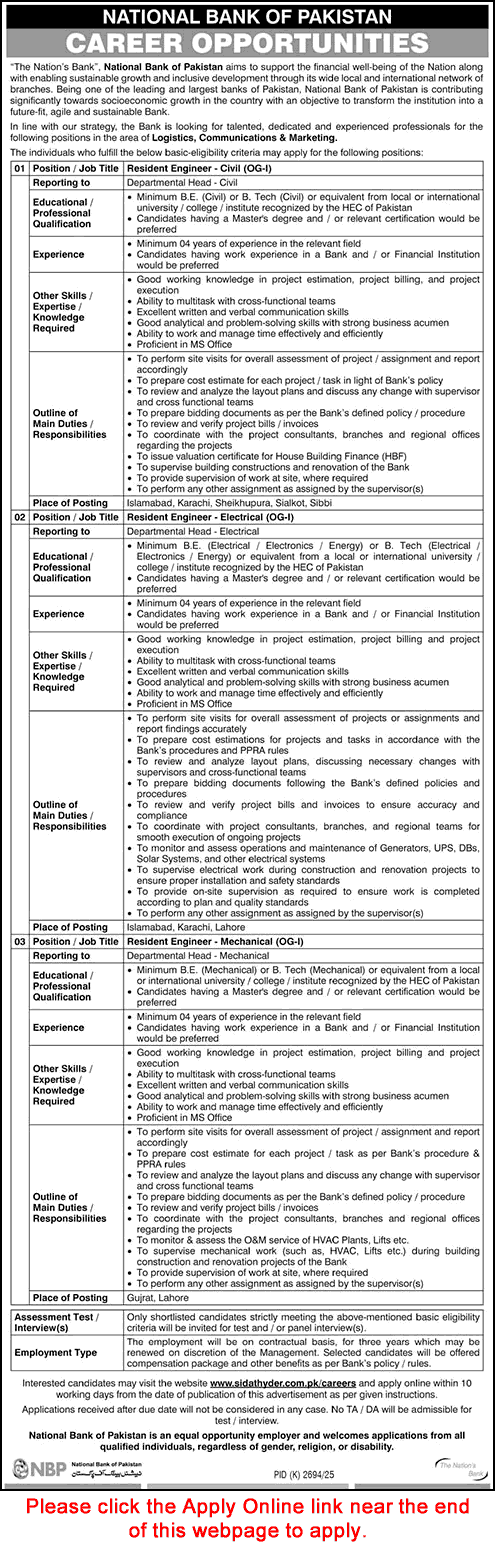 Resident Engineer Jobs in National Bank of Pakistan February 2026 Apply Online NBP Latest