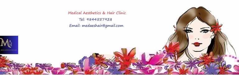 Artistic drawing of a female face with flowers, decorative clinic graphic.